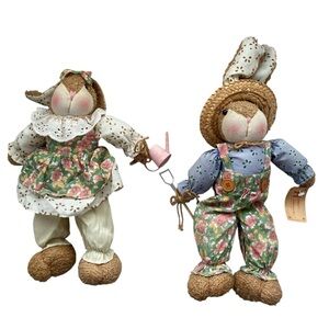 Hanna's Handiworks 2 Brown Country Bunny Rabbits Dolls Shelf Sitters Boy & Girl